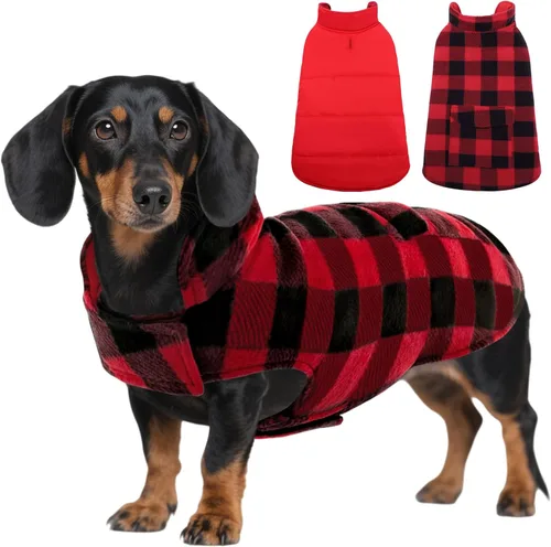 Miniatura 10 de ASENKU - Abrigo de invierno para perros, diseño a cuadros reversible, impermeable, para climas fríos, para perros pequeños, medianos y grandes Rojo