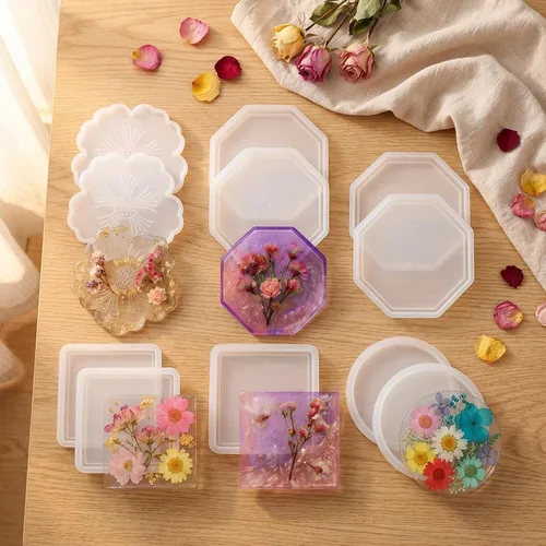 Miniatura 3 de Moldes de posavasos de resina Loyohep, moldes de silicona para resina, 12 piezas con moldes de posavasos redondos, cuadrados, octagonales y florales