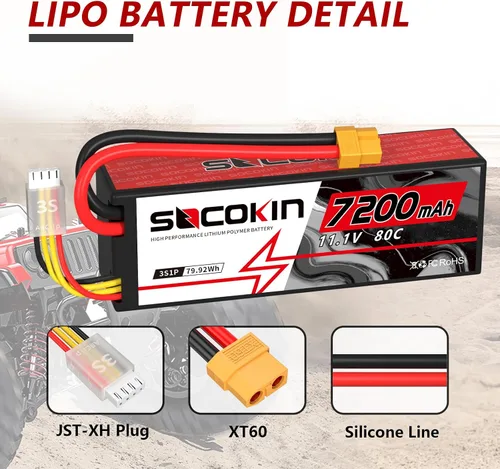 Miniatura 2 de 3S 11.1V Lipo Batería 7200mAh 80C Lipo Batería con estuche rígido XT60 Plug para RC Racing Truck Boat Car Racing RC Heli Airplane y Slash 1/10