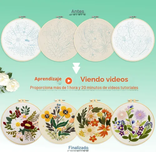 Miniatura 3 de Bonroy 4 juegos de kit de bordado para principiantes de manualidades artísticas de costura fácil incluye ropa de bordado con patrón, aro, manual