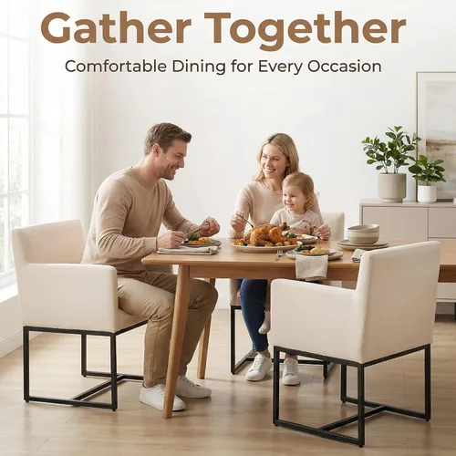 Miniatura 3 de HNY Juego de 6 sillas de comedor tapizadas modernas de mediados de siglo con brazos, sillas decorativas de lino con marco de metal con acabado Marco