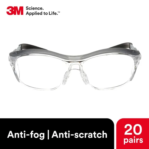 Miniatura 2 de 3M Gafas de seguridad, Nuvo, 1 par, ANSI Z87, lente transparente antiniebla, montura gris retro, puente de nariz suave, barra de cejas integral