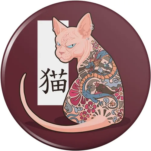 Grumpy Sphynx Gato Neko Con Dragón Tatuaje Pinback Botón Pin
