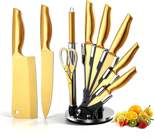 Juego de cuchillos dorados, 8 unidades, color dorado, antioxidante, apto para lavavajillas, juego de cuchillos de cocina de acero inoxidable con