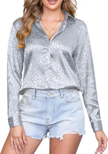 Miniatura 29 de CUNLIN Camisas de satén de seda suave con botones de leopardo para mujer, camisa de trabajo de manga larga de seda, blusas de vestir, tops
