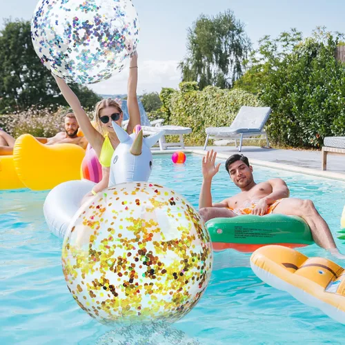 Miniatura 5 de Civaner 10 bolas inflables de playa con purpurina de 16 pulgadas, bola grande de confeti brillante para piscina, globo inflable transparente
