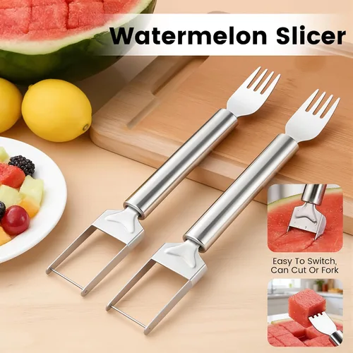 Miniatura 4 de Cortador de frutas de acero inoxidable 2 en 1, herramienta de corte de tenedor de sandía 2026, cuchillo cortador de sandía de doble cabezal