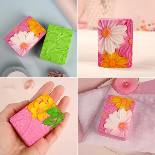 Miniatura 6 de HUAKENER Paquete de 2 moldes de silicona para jabón, molde rectangular para hacer jabón, moldes de silicona con patrón de flores rectangulares 3D