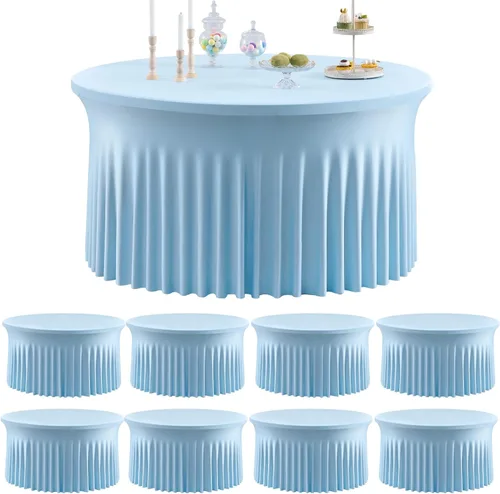 Miniatura 10 de Paquete de 6 manteles redondos de elastano azul bebé para mesa de 60 pulgadas, manteles elásticos de 120 pulgadas ajustables de 5 pies, manteles