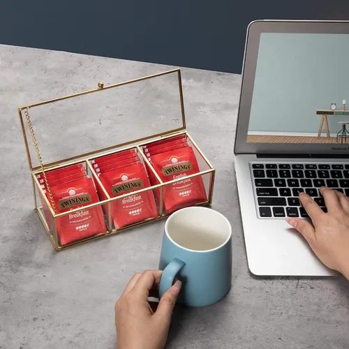 Miniatura 2 de Feyarl Caja de té de vidrio dorado, organizador de exhibición de concha de mar, cosméticos, encimera, caja de frascos, almacenamiento de joyas