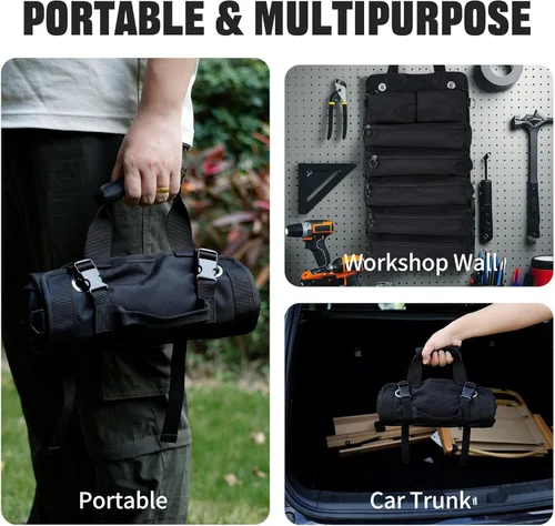Miniatura 6 de Organizador plegable portátil de herramientas enrollable con 5 compartimentos y 2 bolsas desmontables, bolsa de herramientas de servicio pesado Negro