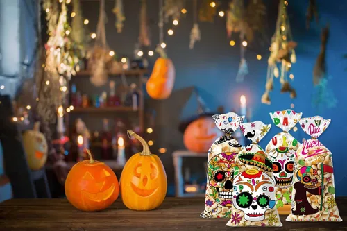 Miniatura 4 de Threetols 100 bolsas de celofán para Halloween, Día de los Muertos, bolsas de celofán para golosinas de celofán, calavera de azúcar, flores, bolsas