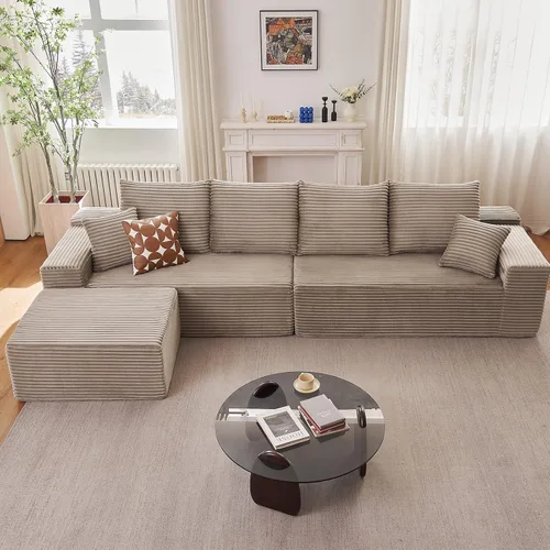 Miniatura 43 de Sofá seccional modular de 96", sofá en forma de L tipo nube sin estructura con chaise lounge, tapizado de pana con asiento profundo de espuma Negro