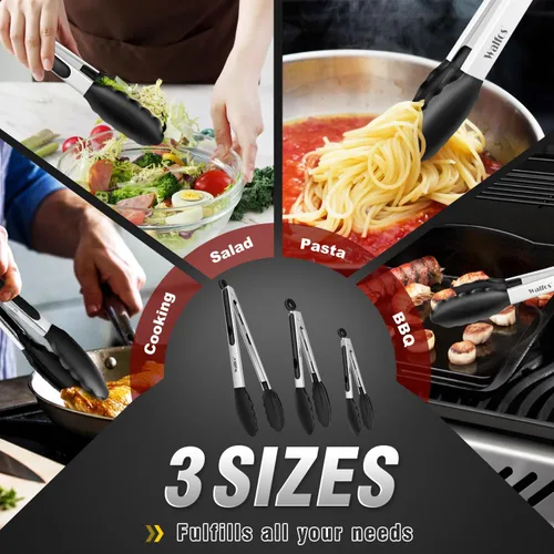 Miniatura 7 de Walfos Pinzas de cocina – Juego de 3 pinzas de cocina resistentes al calor, puntas de acero inoxidable y silicona sin BPA, ideales para cocinar