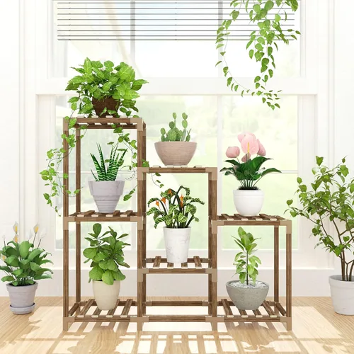 Miniatura 11 de Tikea Soporte para plantas para interiores y exteriores, soporte hexagonal para múltiples plantas, estante grande de madera para plantas, 7 niveles