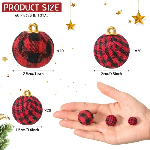 Miniatura 2 de 60 mini adornos de bola de Navidad, bolas envueltas de tela de búfalo, bolas decorativas para árbol de Navidad, corona colgante para decoración