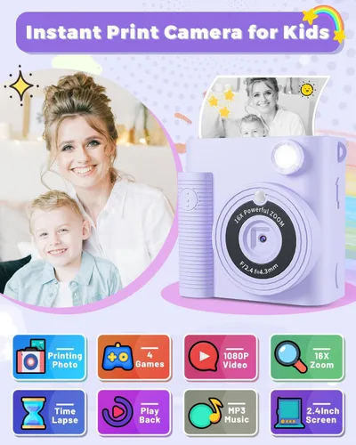 Miniatura 2 de Cámara de impresión instantánea para niños, regalos de cumpleaños de Navidad para niñas y niños de 3 a 12 años, cámaras de video digitales HD