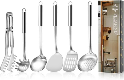 Miniatura 11 de Pleafind 2 piezas Cucharón y cuchara ranurada, cucharón para sopa y cuchara colador, cucharas de cocina y espumaderas de acero inoxidable, Gris