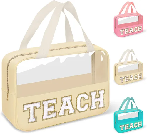Miniatura 17 de izuzta Bolsas de maquillaje transparentes tipo tote con letras de chenilla, bolsa de maquillaje preppy con asa, Moda