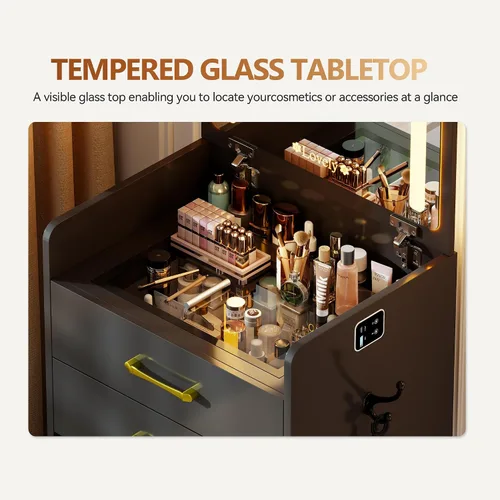 Miniatura 4 de Escritorio de tocador 3 en 1 con espejo abatible y luces, mesa de tocador de maquillaje con parte superior de vidrio con estación de carga, tocador