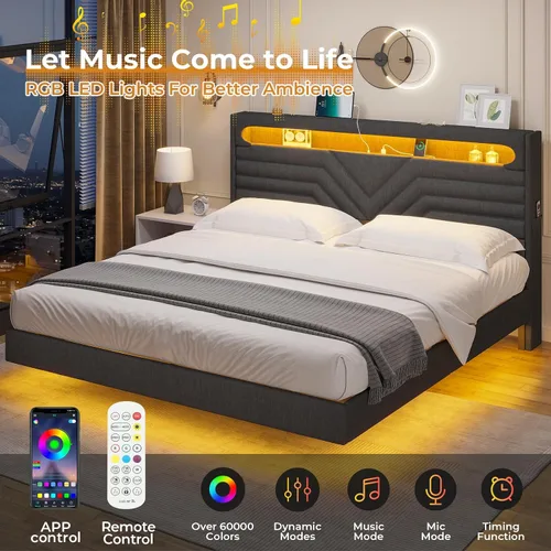 Miniatura 3 de HAUOMS Marco de Cama Completamente Flotante Tamaño Full con Cabecera de Luz LED, Estación de Carga Type-C y USB, Marco de Cama Plataforma Tapizada