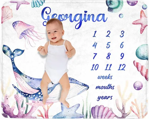 Miniatura 14 de Manta de hito para bebé personalizada con nombre, manta personalizada de flores en forma de mariposa con tabla de crecimiento calendario, manta