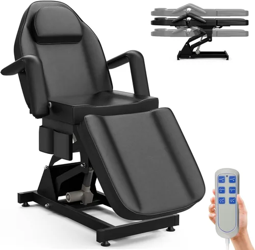 SyyBhb Silla de tatuaje de cama de spa totalmente eléctrica negra, mesa facial con 3 motores con bolsillo de almacenamiento, respaldo de 21 a 28