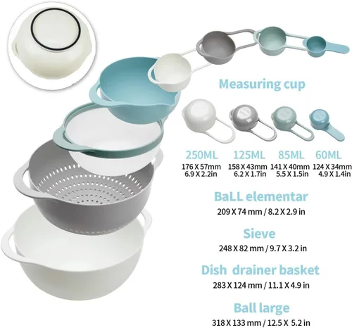 Miniatura 4 de Cuencos de mezcla de plástico - Juego de 8 cuencos de mezcla multicolor, anidados para fácil almacenamiento, incluye tazas de medición, colador