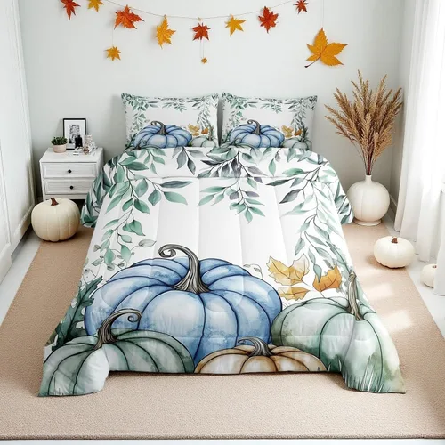 Miniatura 45 de Erosebridal Juego de edredón individual de pavo de Acción de Gracias, juego de ropa de cama de calabaza con hojas de otoño para niños y adultos