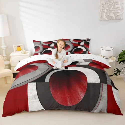 Miniatura 12 de Juego de ropa de cama de líneas negras, rojas y grises, tamaño individual para habitación de niños y niños, juego de funda de edredón con costuras