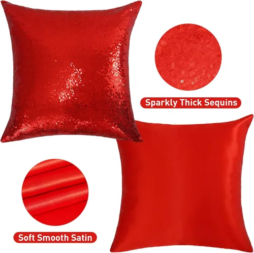 Miniatura 2 de SquarePie Juego de 4 fundas de almohada de lentejuelas de 18 x 18 pulgadas, fundas decorativas de color rojo con purpurina para bodas, fiestas