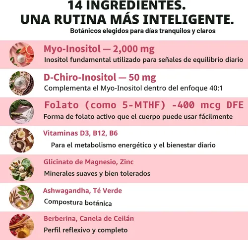Miniatura 3 de Suplemento complejo de inositol 14 en 1 para mujeres, inositol mio y D-Chiro 40:1 con folato, vitamina D3, zinc, magnesio y botánicos para apoyo