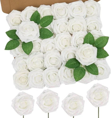 Miniatura 12 de MACTING 30 Rosas Artificiales Blancas Flores Falsas con Tallo Rosas de Espuma de Tacto Real para DIY Arreglos de Ramo de Boda Centros de Mesa White-1