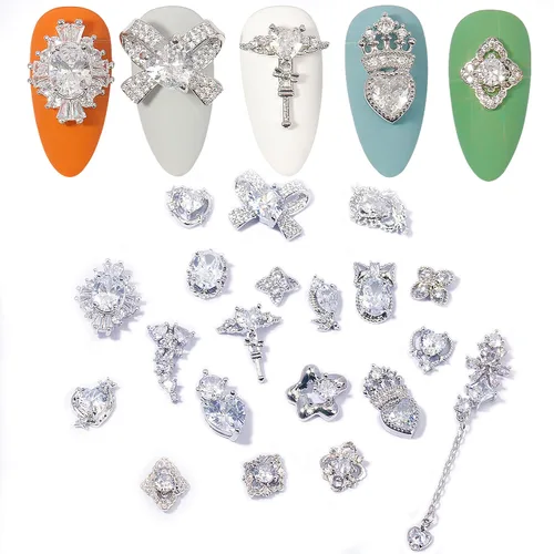 Miniatura 10 de Dijes y gemas para uñas, circonita de cobre dorado, múltiples formas 3D, diamantes de imitación de metal de lujo para uñas, 14 piezas