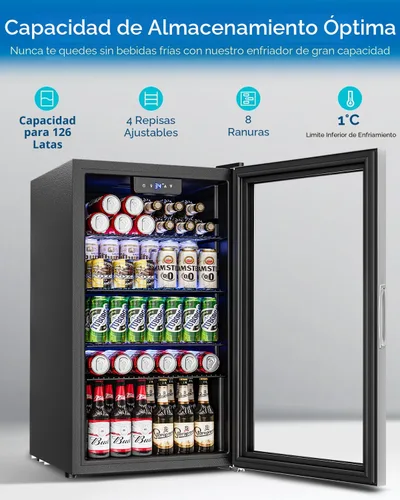 Miniatura 2 de Refrigerador de bebidas – Mini refrigerador con puerta de vidrio para 126 latas para bebidas, refrescos, cerveza, vino, refrigerador pequeño