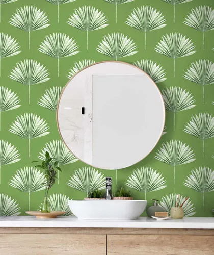 Miniatura 3 de NextWall Papel tapiz tropical para despegar y pegar de palmera (brote verde)