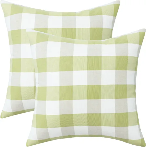 VOGOL Juego de 2 fundas de almohada de lino de poliéster a cuadros verdes y blancos para sala de estar, dormitorio, decoración del hogar, 18 x 18
