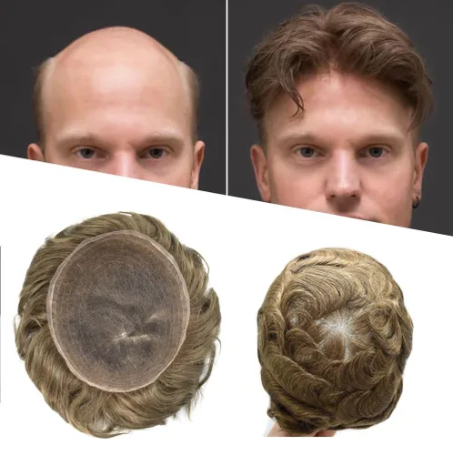 Miniatura 31 de Extensiones de cabello suizo completo para hombre, sistema de reemplazo de cabello humano europeo para hombres