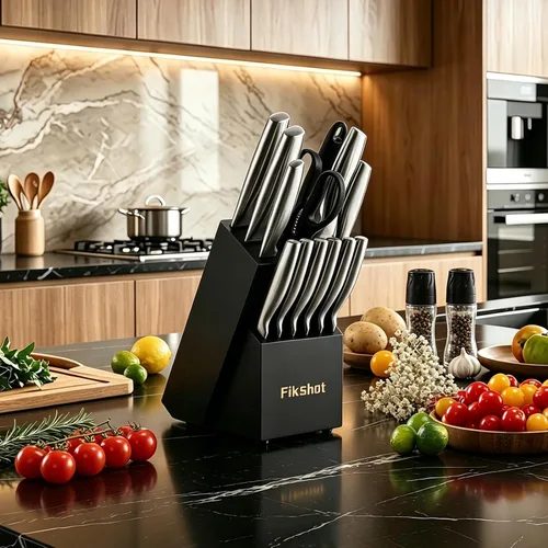 Miniatura 4 de Juego de Cuchillos de Cocina, FIKSHOT Juego de Cuchillos de Acero Inoxidable Premium con Bloque, Cuchillo Santoku Súper Afilado y Cuchillos