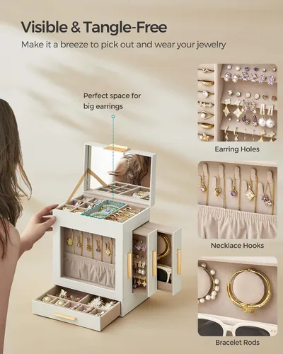Miniatura 5 de SONGMICS Joyero con ventana de cristal, organizador de joyas de 5 capas con 3 cajones laterales, almacenamiento de joyas, con espejo grande