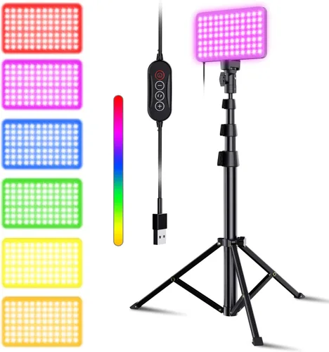 Fugetek Luz de video LED RGB de 52 pulgadas, 77 cuentas RGB, trípode de aluminio, modos de luz únicos, contoller en línea, alimentado por USB,