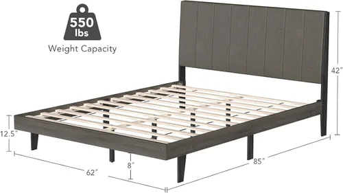 Miniatura 2 de Giantex Base de cama tapizada, soporte de listones de madera, base de colchón Queen con cabecera copetuda, cama de plataforma con patas de madera