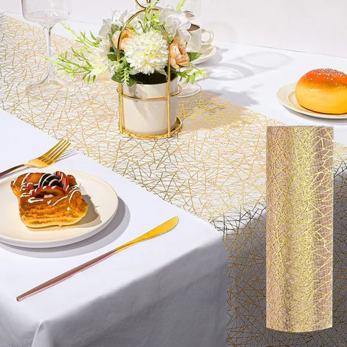 Miniatura 7 de Rollo de camino de mesa dorado de 11 pulgadas x 33 pies, camino de mesa de malla con purpurina y lentejuelas para decoración de mesas de boda