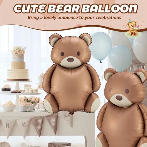 Miniatura 5 de Simgoing 2 globos de oso marrón grande de 21 x 35 pulgadas, globos de cumpleaños de papel de aluminio de oso de dibujos animados mate