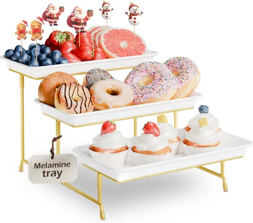 Miniatura 11 de Set de bandejas de servir de 3 niveles de melamina, bandejas de 29 x 14 pulgadas para servir alimentos, bandejas reutilizables blancas con soporte