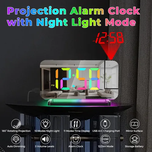 Miniatura 5 de Reloj despertador de proyección, relojes digitales LED RGB de 18.8 cm de pantalla grande, con proyector giratorio de 180°, luz nocturna, puerto