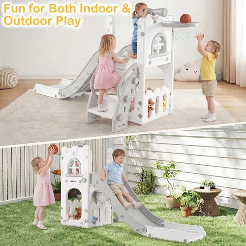 Miniatura 9 de OLAKIDS Tobogán para niños pequeños, 6 en 1 para interiores y exteriores, con aro de baloncesto, telescopio, almacenamiento de juguetes para niños