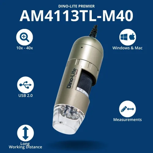 Miniatura 2 de Dino-Lite Microscopio digital USB AM4113TL-M40-1.3MP, aumento óptico 10x - 40x, medición, larga distancia de trabajo, software de Windows/Mac