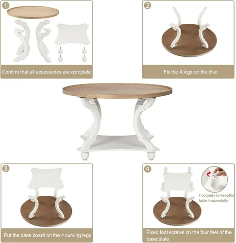 Miniatura 5 de Wnutrees - Mesa de centro redonda de estilo granja, mesa de café con bandeja de madera y estante de almacenamiento de estilo rústico con acabado