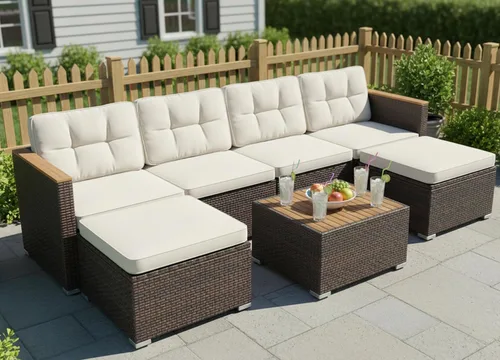 Miniatura 11 de Tangkula Sofá de mimbre para patio de 3 plazas, juego de muebles de ratán de 3 plazas con reposabrazos de madera de acacia y cojín grueso, sofá
